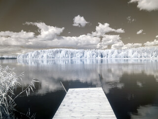 infrared surreal landscape, lake with wooden footbridge, infrared photo snowy tree amazing nature...