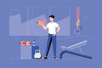 Fitness gym web concept with people scene in flat blue design. Male athlete is engaged in strength training in sports club and does exercises with dumbbells and kettlebells. Vector illustration