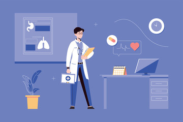 Medical clinic web concept with people scene in flat blue design. Man doctor receives patients in office, diagnoses diseases, advises and prescribes treatment, work in healthcare. Vector illustration