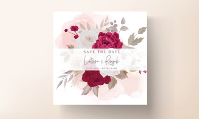 Floral wedding invitation template set with brown and maroon roses flowers and leaves decoration