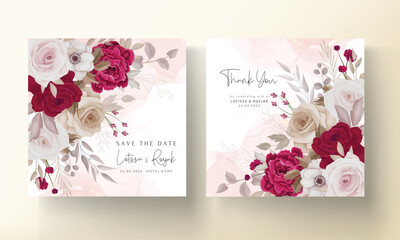 Floral wedding invitation template set with brown and maroon roses flowers and leaves decoration
