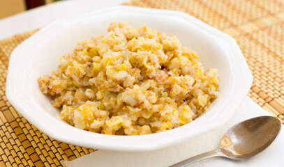 breakfast from plate with various cereal porridge for breakfast