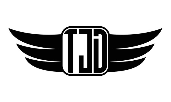 TJD three Letter wing minimalist creative concept icon eagle symbol professional black and white logo design, Vector template