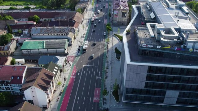 Aerial view of Marasti district in Cluj, Romania. Office building and traffic