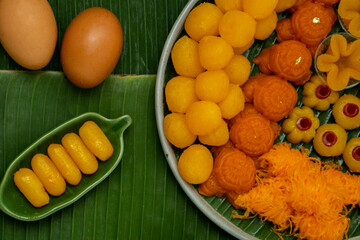 Thai traditional dessert concept, Various thai desserts made from egg yolks and sugar in plate
