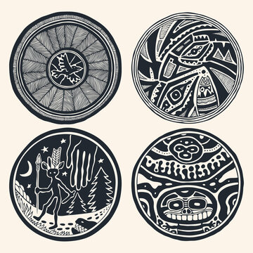 Black and white tribal round decorative symbols set.  Hand Drawn Decorative Ethnic ornamental Design Elements In Engraving Style. Vector illustration.