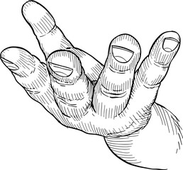 Close-up of hand with palm up giving or asking.Hand language, non-verbal communication. Black and white vector illustration, back view