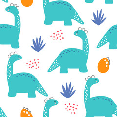 Vector hand drawn seamless pattern with cute dinosaurs. Dino, bushes, dots, eggs. Scandinavian style. For decorating a children's wall, wallpaper, clothes and textiles.