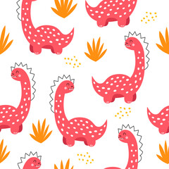 Vector hand drawn seamless pattern with colorful dinos and bushes. Cute dinosaurs. For wallpaper, children's clothing, fabric, poster, packaging, gift paper. On a white background.