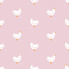 Hens on dusty pink background, pattern illustration