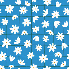 White flowers on blue checked background, pattern illustration