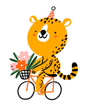 Cheetah riding a bicycle, cartoon illustration