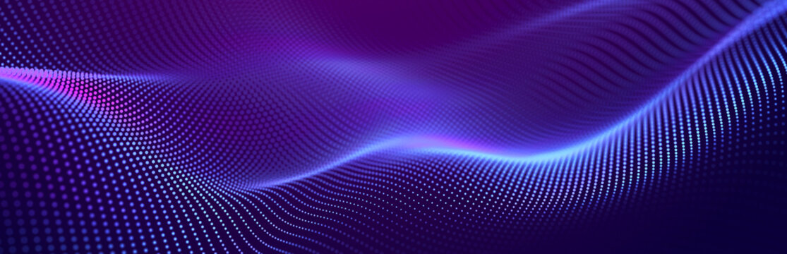 Particle stream. Purple background with many glowing particles. Information technology background. 3d rendering.