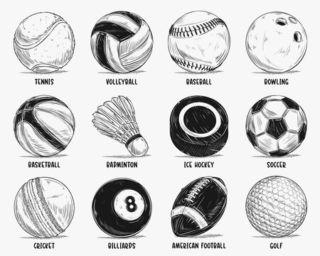 Hand drawn most popular sports balls sketch set isolated on white background vintage etching drawing