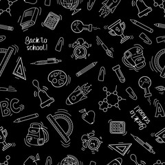Back to school. Seamless pattern in sketch style. Chalk drawings on the blackboard. Writing utensils - pens, pencils and rulers. For wallpaper, printing on fabric, wrapping