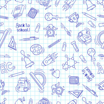 Back to school. Seamless pattern in sketch style. A sheet from a notebook with drawings. Writing utensils - pens, pencils and rulers. For wallpaper, printing on fabric, wrapping.