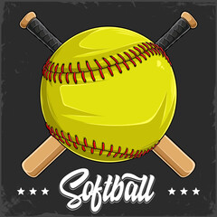 Hand drawn yellow Softball ball with red lacing and two crossed softball bats behind - obrazy, fototapety, plakaty