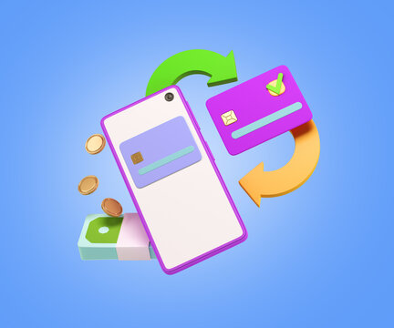 Concept of online bank services Smartphone with credit card on screen and bills with coins 3d render illustration on blue background