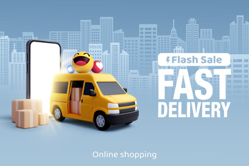 Naklejka premium 3d Vector of Express delivery van. Fast delivery and shipping on blue town background. Fast delivery.
