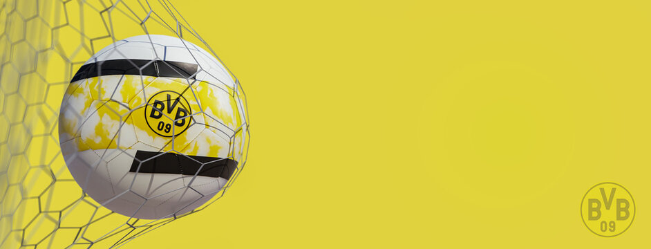 Guilherand-Granges, France - July 26, 2022. Bundesliga of Germany. Soccer ball in net with official logo of Borrusia Dortmund. 3D rendering.
