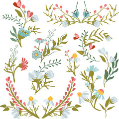 Set of floral branches, compositions with wildflowers. Botanical collection branches, flowers, herbs, decorative leaves. Concept of wedding, invitation. Vector illustration.