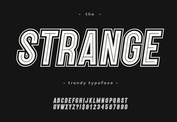 Obraz premium Vector bold strange alphabet modern typography sans serif style for t shirt, racing, game, promotion, poster, decoration, sale banner, printing on fabric. Cool font. Trendy typeface. 10 eps