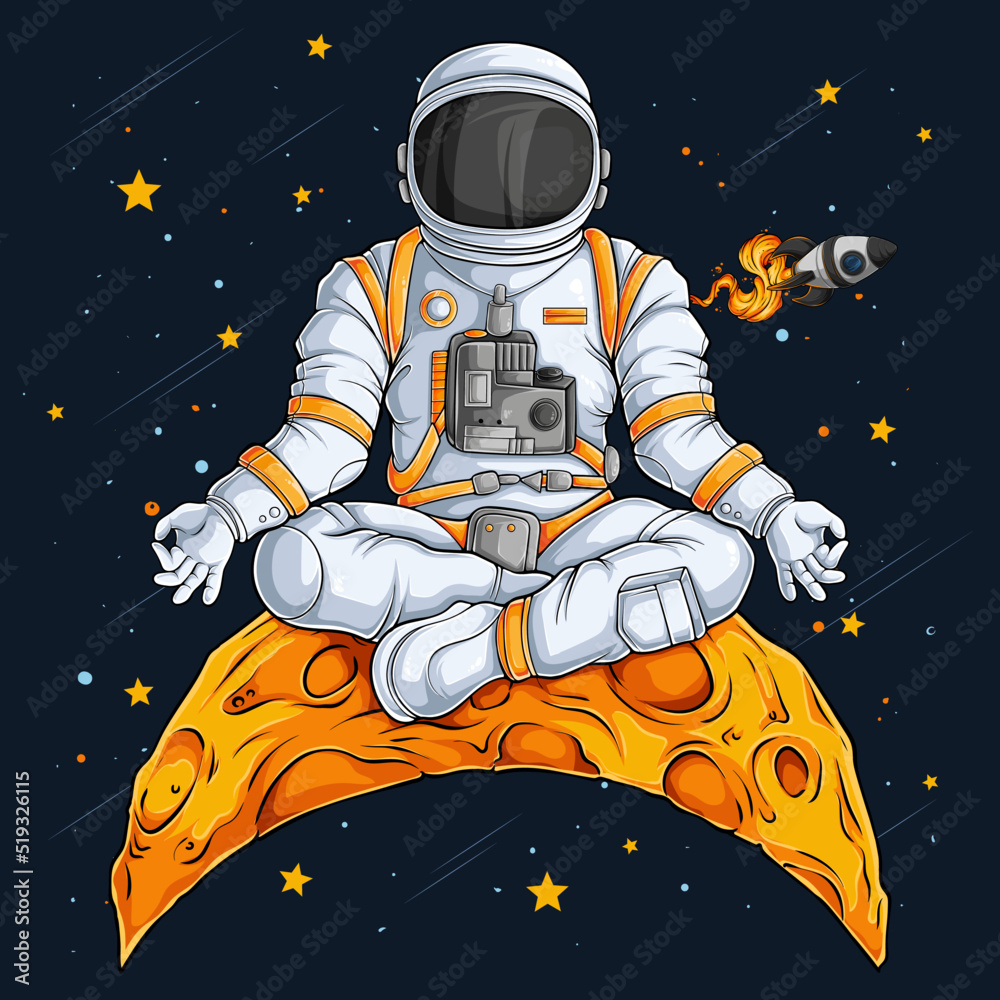 Wall mural hand drawn astronaut in spacesuit doing yoga gesture on moon, astronaut meditation yoga in the space