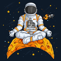 Hand drawn astronaut in spacesuit doing yoga gesture on moon, astronaut meditation yoga in the space - obrazy, fototapety, plakaty