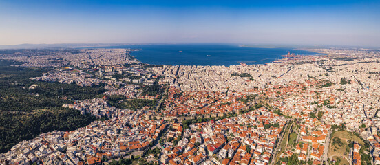 Famous port city seen from drone perspective. Panoramic shot. Beautiful summery weather. Thessaloniki, Greece. . High quality photo