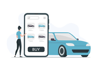 Buying renting a car online. Car dealership. Colored flat vector illustration. Isolated on white background.