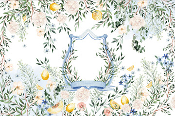 Watercolor seamless pattern with green leaves and watermelon. Illustration