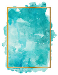 Gold line rectangle frame with turquoise watercolor splash