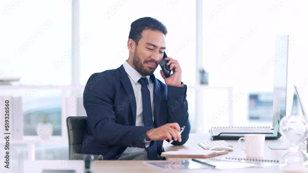 Poster A business man planning a meeting in his schedule with a client on the phone. Male executive worker having funny conversation and making notes of information. Networking with clients via a call