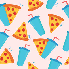 Seamless vector pattern with pepperoni pizza and soda. Fast food Illustration.
