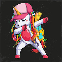 Back to school funny unicorn wearing pink cap and backpack with crayon and rule doing dabbing dance