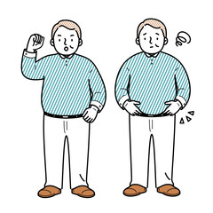 肥満体型の中年男性がポーズをとるイラスト
