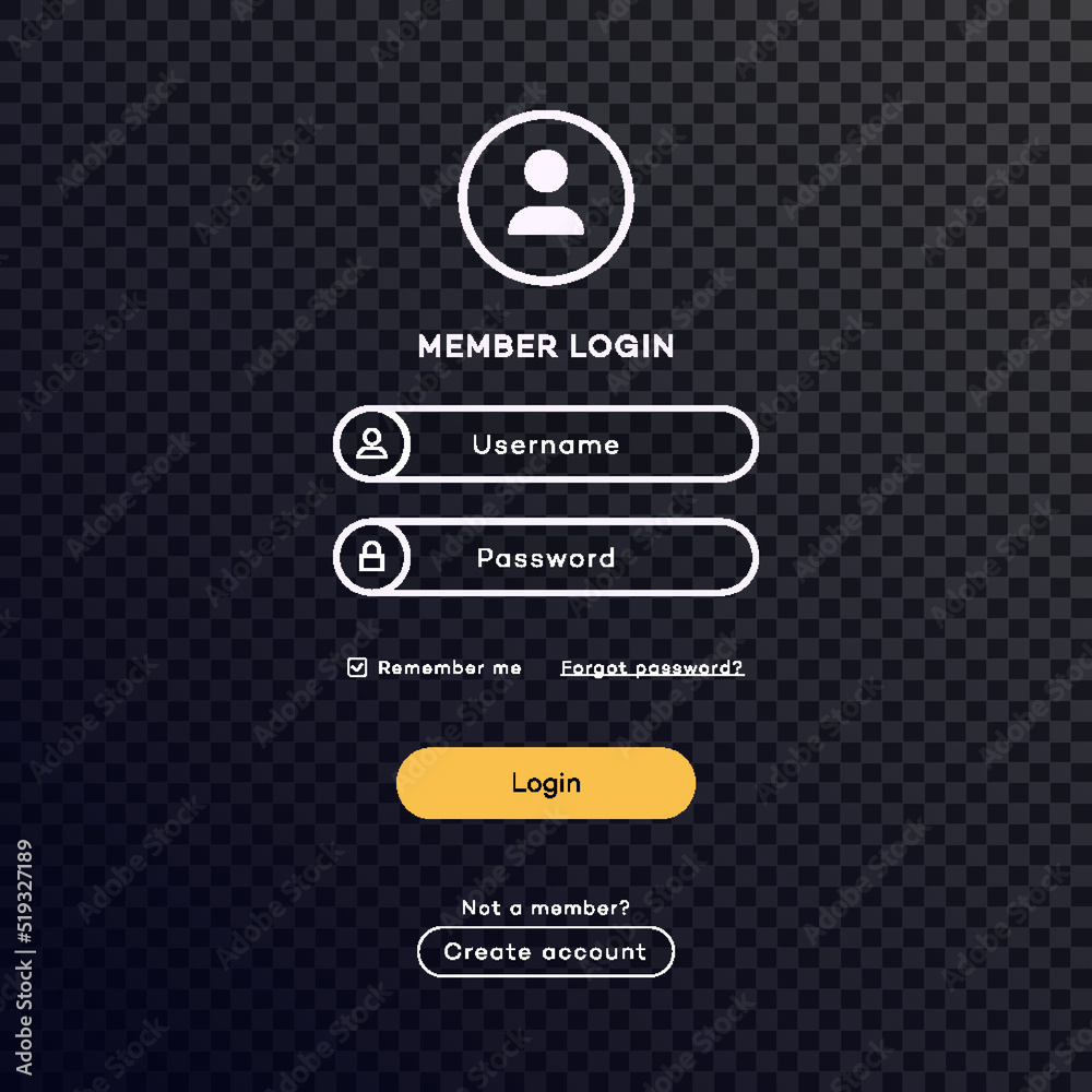 Poster login form page dark theme on transparent background for app development, smartphone mockups, websit