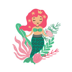 Childish illustration with cute mermaid,  seaweed, seashell and sea star. Creative kids hand drawn composition for posters, cards, prints for wallppaper, t-shirts, pillows, mugs. 