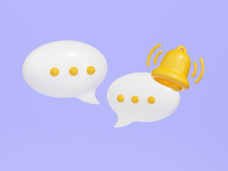 Notification bell on speech bubble with text 3d render.