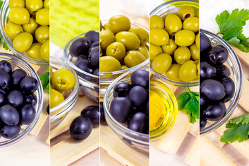 Many green and black marinated whole olives in the glass bowls on light wooden board background photos as a food collage.