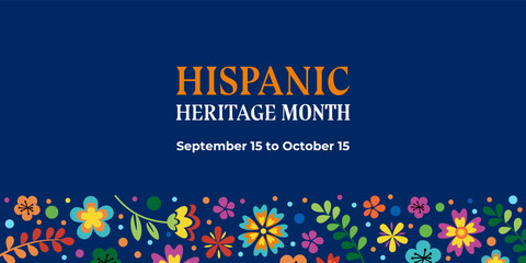 Hispanic heritage month. Vector web banner, poster, card for social media, networks. Greeting with national Hispanic heritage month text on floral pattern background.