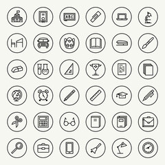 School and education icon set. School supplies isolated line style on white background. Vector design elements, business signs, logos, identity, labels and other branding objects. Vector 10 eps