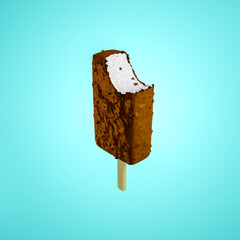 3d illustration of a bitten cream ice cream in chocolate glaze covered with chocolate chips. Popsicle on a stick