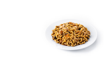 Traditional Spanish fideua. Noodle paella isolated on white background. Copy space