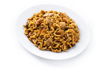 Traditional Spanish fideua. Noodle paella isolated on white background.	