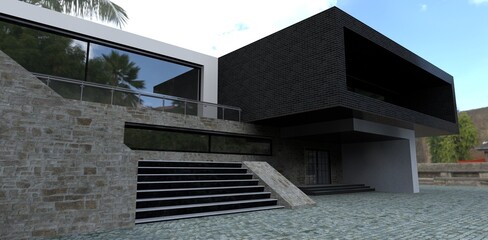 Luxurious futuristic country villa. Red slate and black brick finish. Wide staircase to the second level. 3d render.