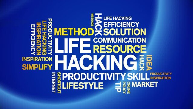 Life Hacking animated tag word cloud;text design animation kinetic typography seamless loop.