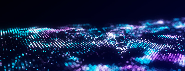 Abstract technology wave of particles. Big data visualization. Background with motion dots and lines. Artificial intelligence.