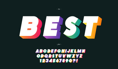 Vector best font 3d bold color style for banner, infographics, motion graphic, party poster, book, music, t shirt, flyer, decoration, printing, industrial. Cool typeface. Trendy alphabet. 10 eps
