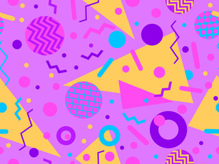 Memphis seamless pattern with geometric shapes in 80s style. Colorful geometric pattern. Design of promotional products, wrapping paper and printing. Vector illustration